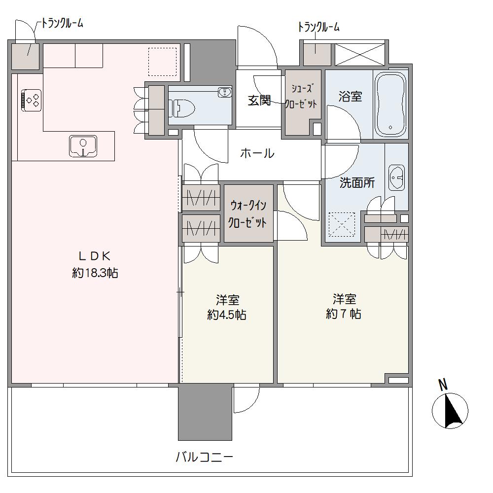 約18.3帖の広々LDKが魅力の2LDK。約4.5帖の洋室はLDKとの一体利用が可能で、ライフスタイルに合わせてフレキシブルに活用できます。WICやトランクルームなど収納も豊富です。