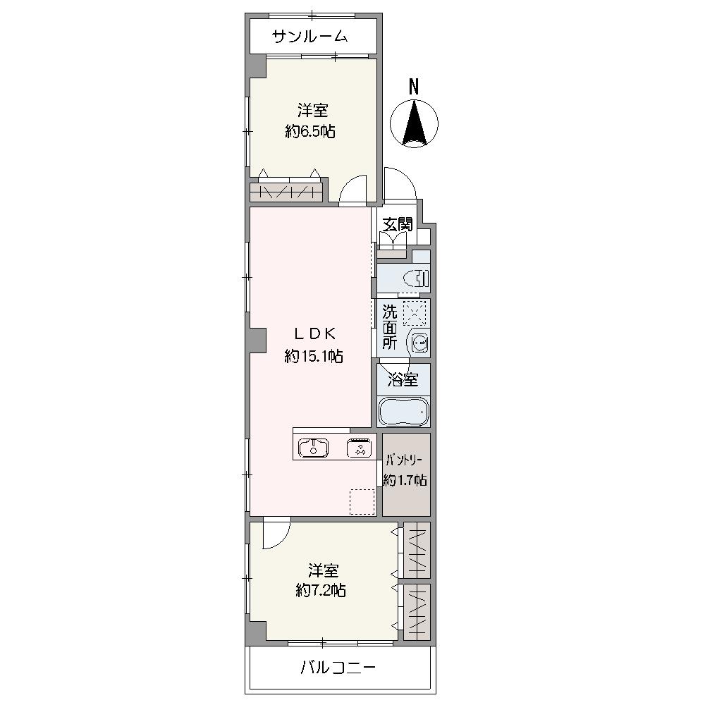 雨の日や花粉の季節も気にせずに洗濯物を干せる、サンルーム付きの2LDK。全居室6.5帖以上のゆとりある住戸です。約1.7帖のパントリーなど、豊富な収納が設けられています。室内をすっきり保てそうです。
