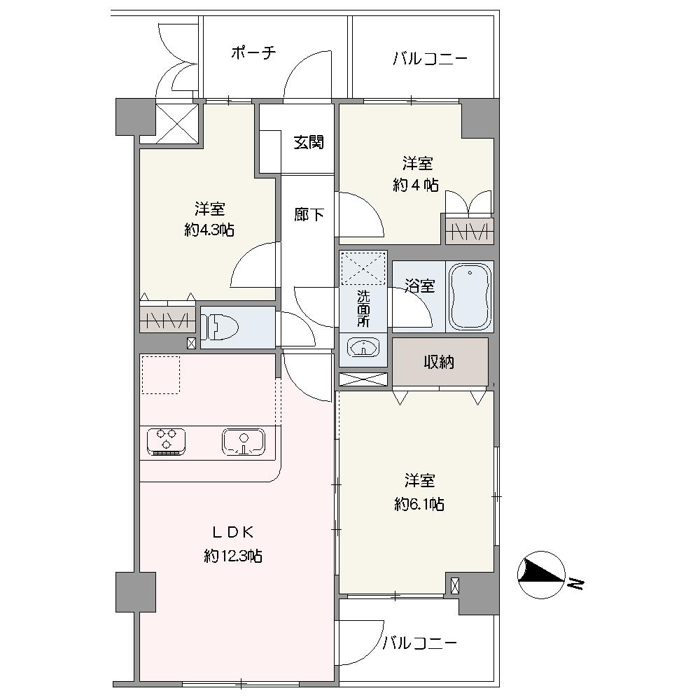 鉄筋コンクリート造6階建てマンションの4階に位置する3LDKの住戸です。LDKは2面採光で陽当り良好です。各洋室に収納が備わっており、住空間をきれいに保てます。