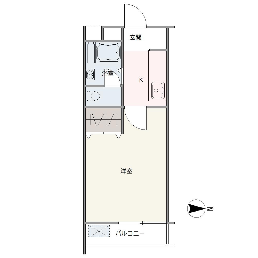 東向きバルコニーに面した「1K」の住まい。水回りが集約された効率のよい間取り設計です。洋室にはクローゼットが設置されています。