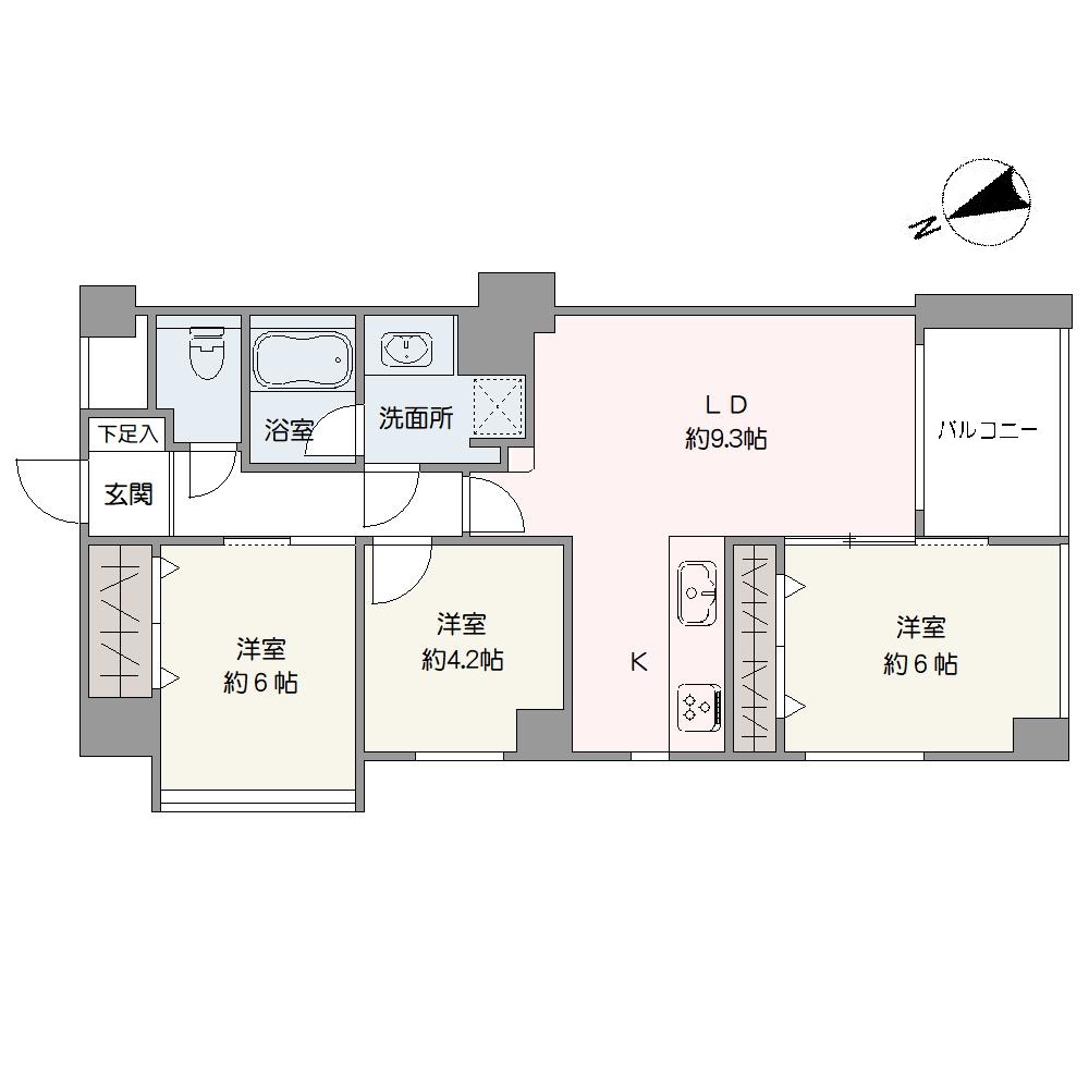 陽当り・通風良好な角住戸。LDは南西向きのバルコニーに面しています。約6帖の洋室(南西側)と隣接し、引き戸を開放して続き間としても利用可能です。