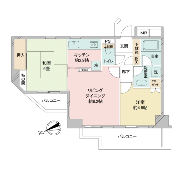 9階部分・角住戸（西・東）・2DKプランの住戸です。