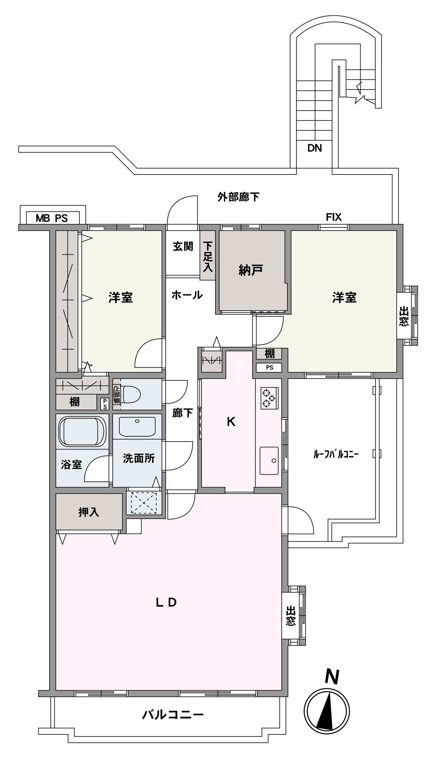 南向きの明るく快適な住空間。各居室や廊下にも収納スペースが設置されています。キッチンはLDと廊下からの2WAYアクセスが可能です！