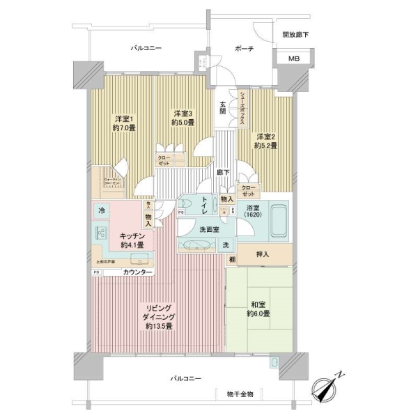 玄関前ポーチ・両面バルコニー・トランクルーム・スロップシンクあり