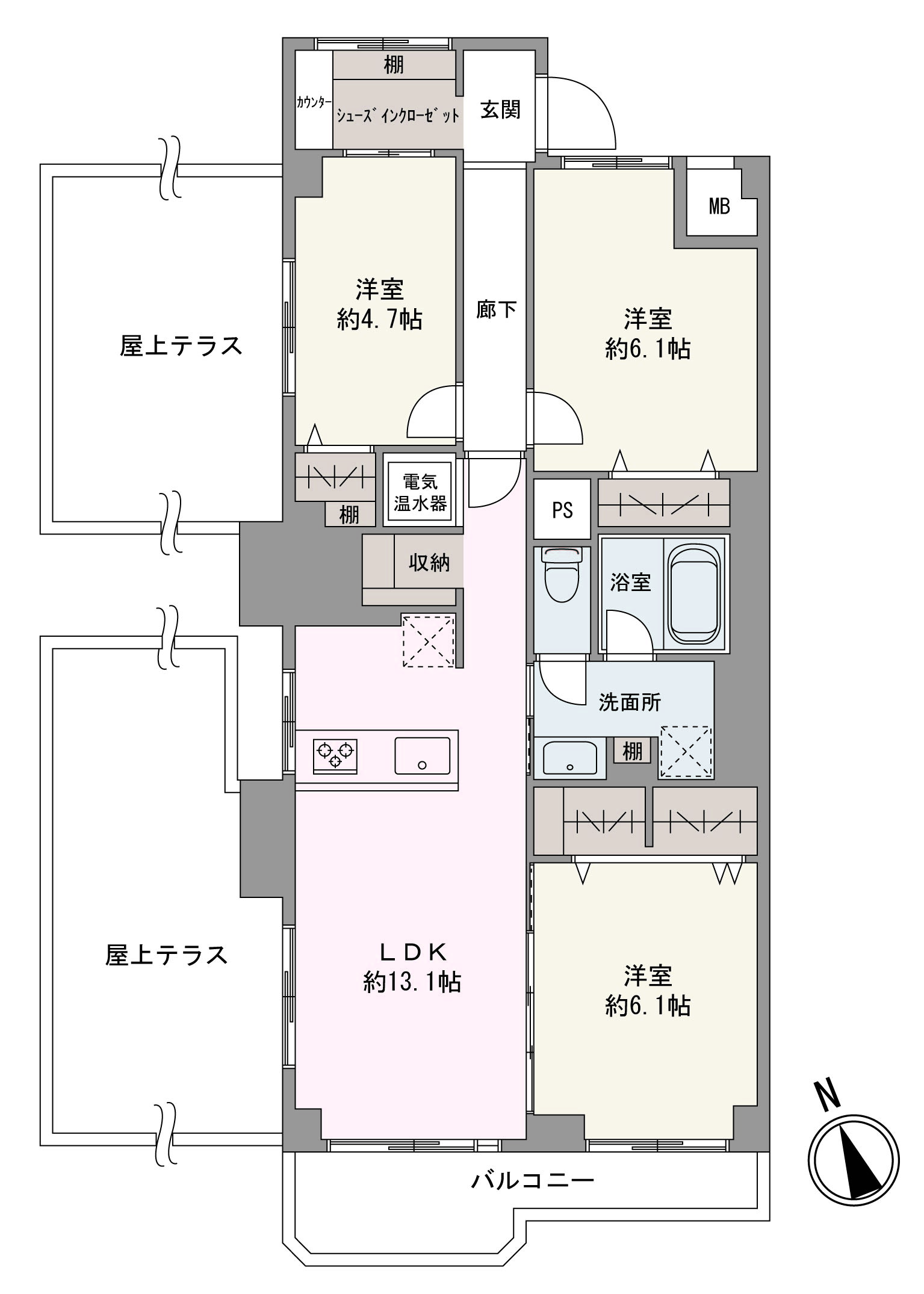 ご家族を見守りながら料理ができる対面式キッチンが採用されています。開放感あふれる屋上テラス付きです。多用途に使える3つの洋室、各居室に設けられた収納・SICなど、暮らしの幅が広がる間取りです。