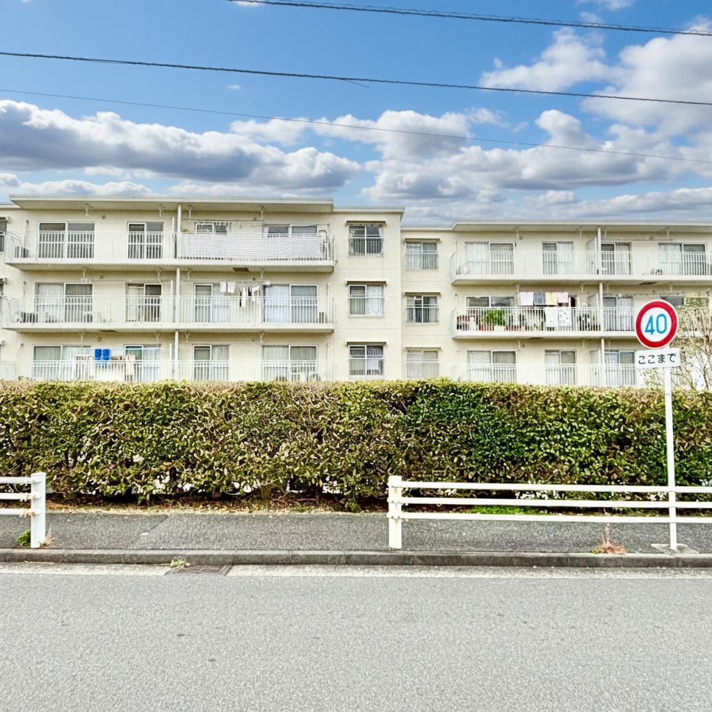 【現地外観写真】複数棟がゆったり配置された、広々とした敷地です。※写真は現地撮影ですが、空の色は加工しています。