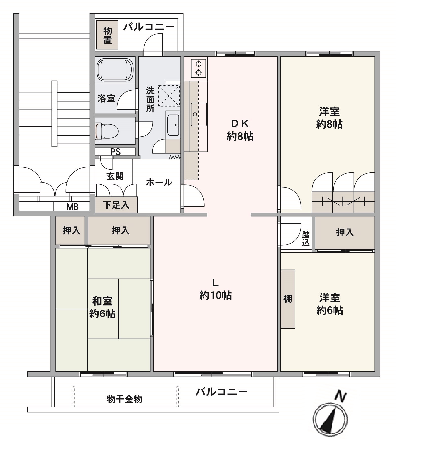 南東・北西の両面バルコニーが備わった、光と風が巡る住まい。リビングの続き間としても利用可能な約6帖の和室付き。洗面所から北西側のバルコニーへ出入り可能で、洗濯動線も良好です。