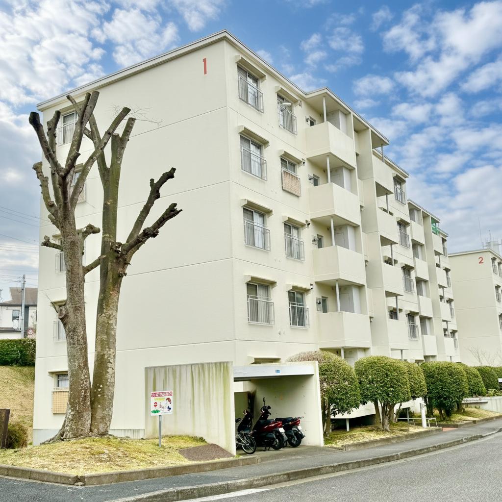 【現地外観写真】RC造地上5階建の1階部分。下階に住戸がなく、子育て世帯にもおすすめです。※写真は現地撮影ですが、空の色は加工しています。