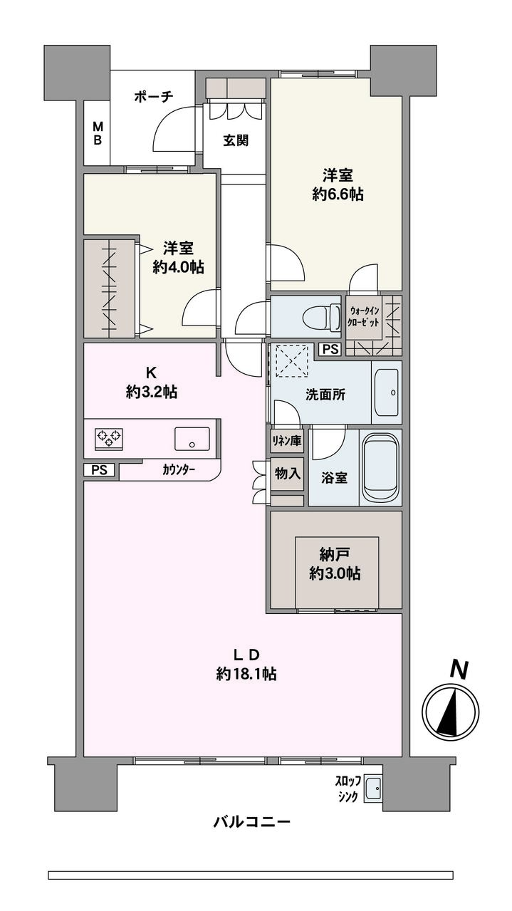南向き住戸です。バルコニーに面したLDKには自然光が入ります。LD部分には床暖房が備わっています。室内がすっきりと片付く全居室収納付き。納戸やWICなど、随所に収納が設置されています。