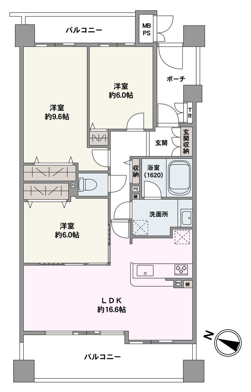 全居室6.0帖以上の広さが確保された3LDKの住まい。西向きのバルコニーから豊かな陽光が注ぎます。各洋室にクローゼットが備わり、住空間を有効に使える間取りです。