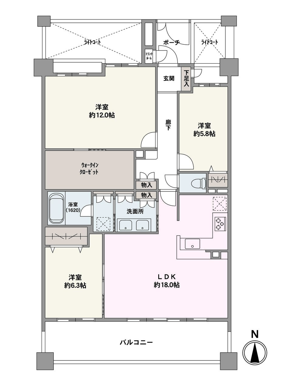 専有面積100平米超のゆとりある住まい。約18.0帖のLDKは南向き。隣接する約6.3帖の洋室とは引き戸を開放し、続き間としても利用可能。WICや廊下収納など随所に収納スペースあり。