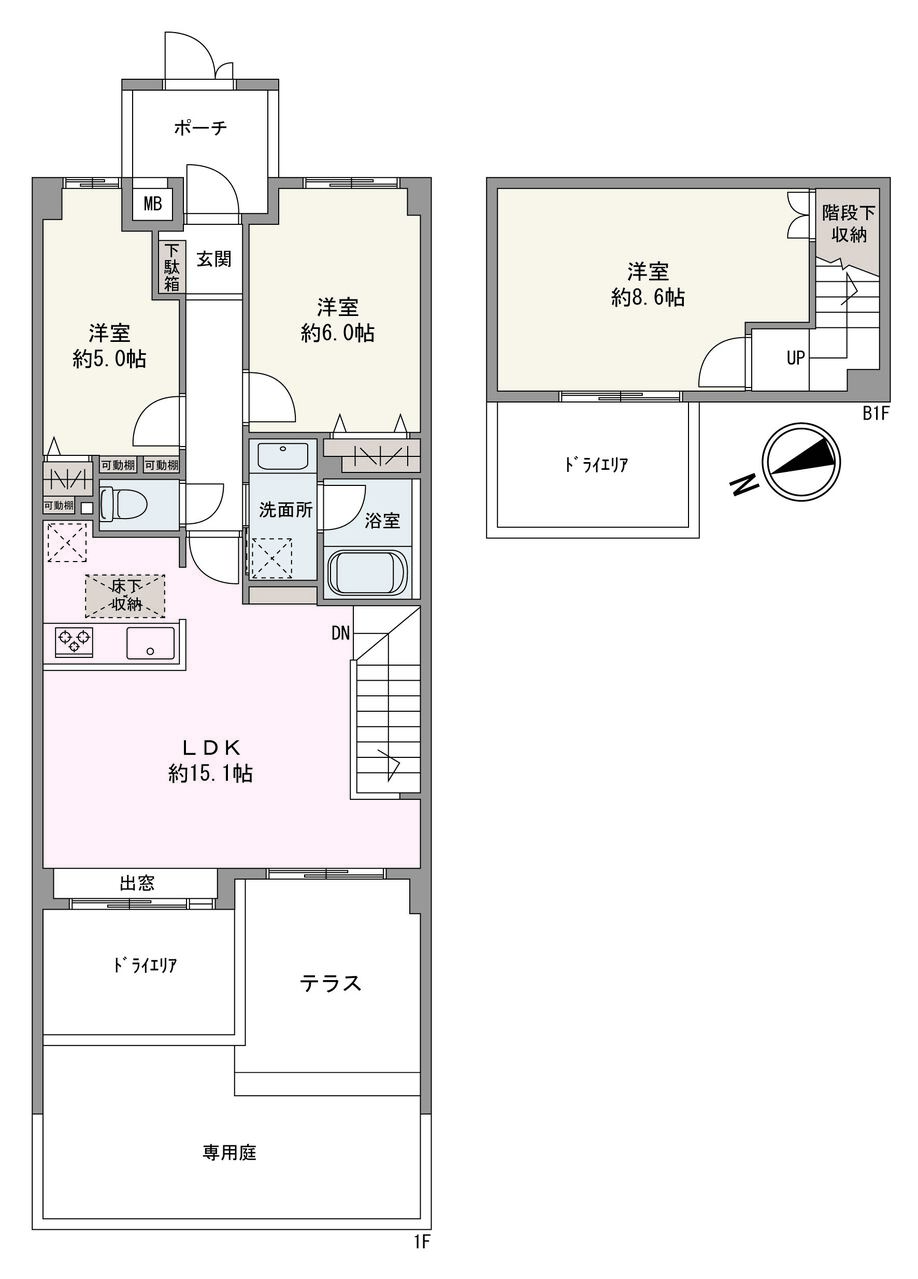 戸建ライクなメゾネット住戸。ご家族が集うLDKは約15.1帖です。各洋室には収納が備わっており、住空間を有効に使うことができる間取りです。