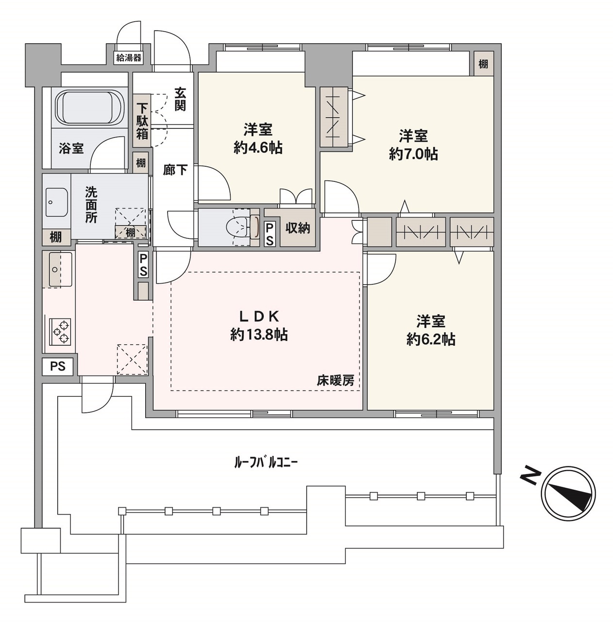 南西向きのルーフバルコニーが備わった3LDK住戸です。全洋室の収納や洗面室に設けられた複数の棚、シューズボックスなど、随所に収納が備わり、住空間を広く使えます。