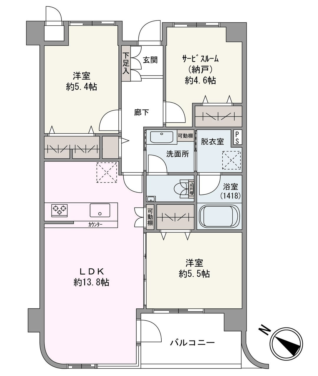 全居室収納スペース付き。LDKは約13.8帖。隣接する洋室と一体利用が可能です。水まわりが集約された、家事動線良好な住まい。洗面所と別に脱衣室が設けられています。
