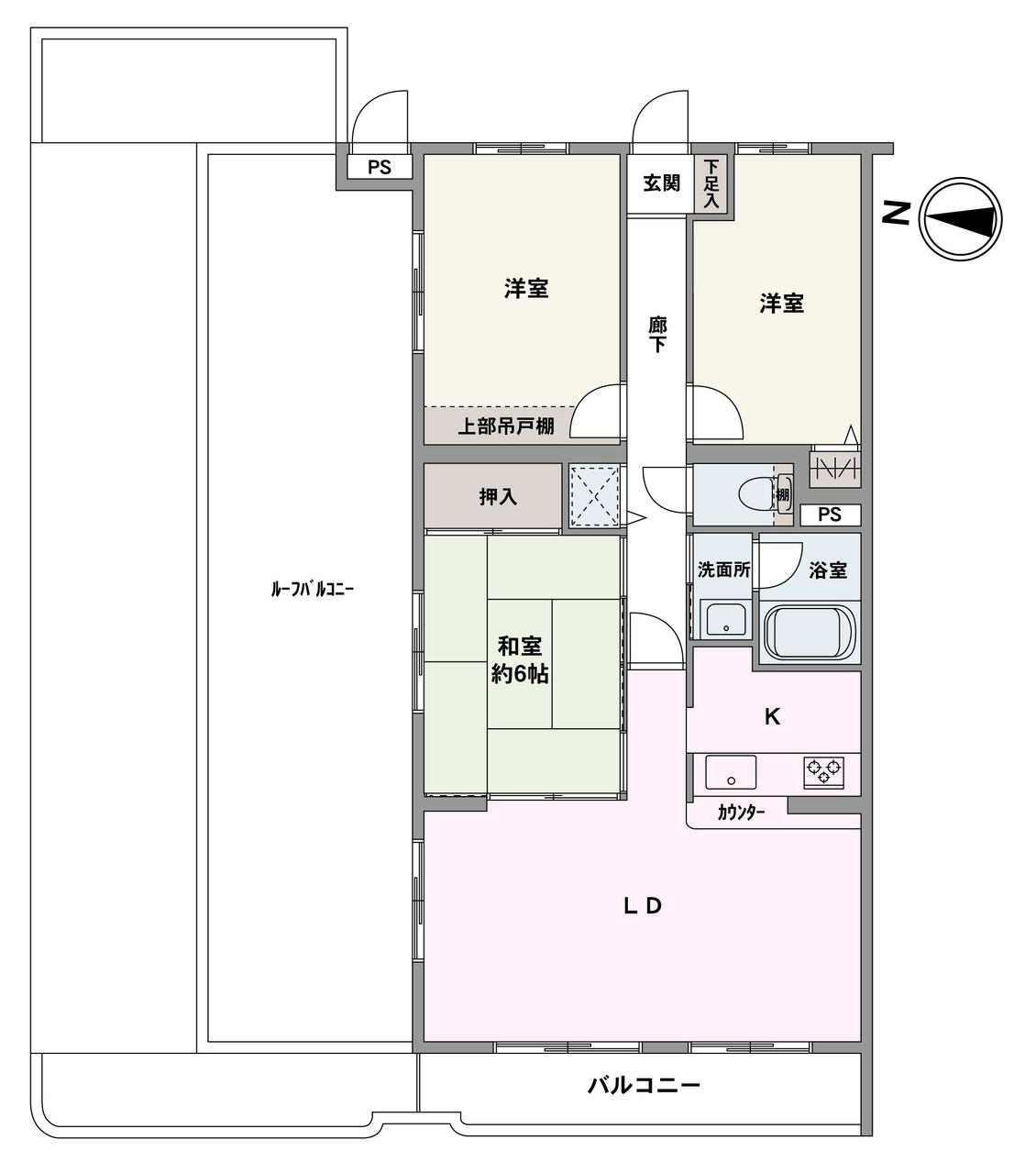 角住戸につき、陽当り・通風良好です。開放感のあるLDKは、隣接する和室の引き戸を開放し、一体利用が可能◎キッチンはご家族とコミュニケーションが取りやすい対面仕様です。