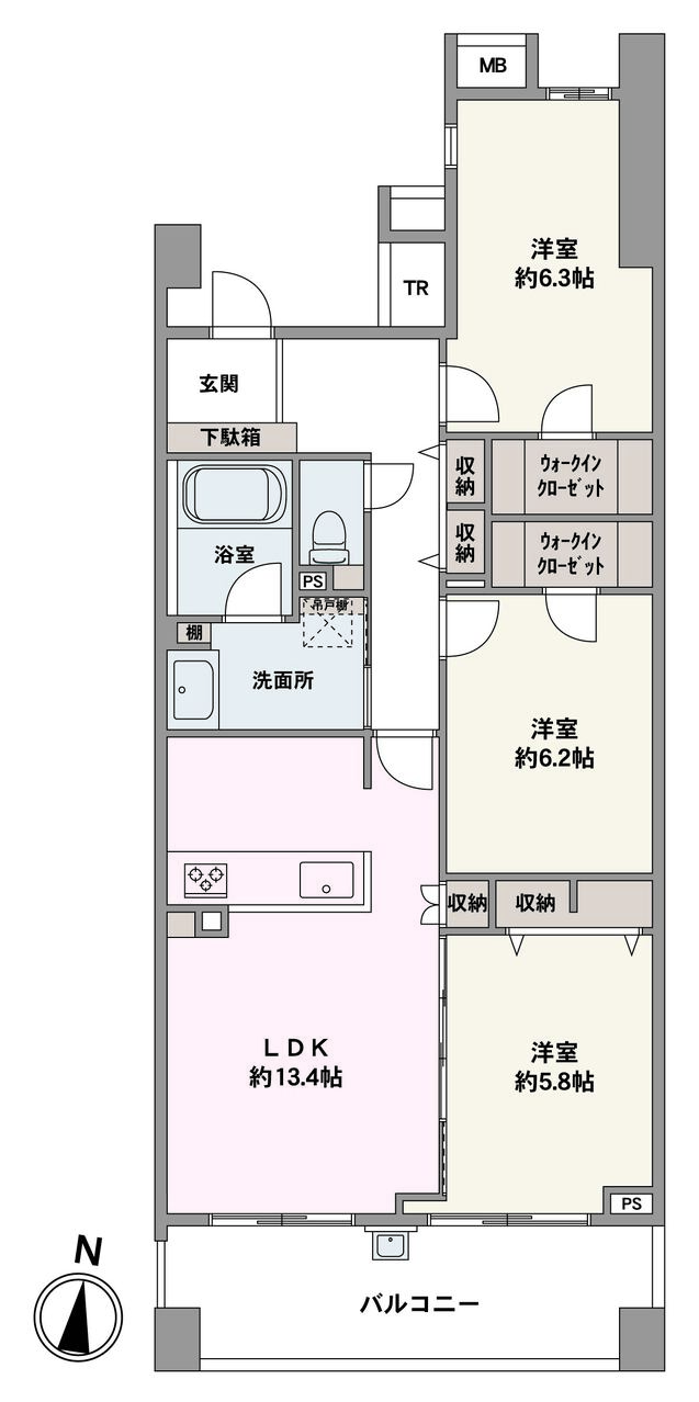南向きの陽当り良好な住まい。LDKに隣接する洋室の引き戸を開放すると、19帖超の広々空間になります。2ヶ所のWICやトランクルームをはじめ随所に収納スペースがあります。