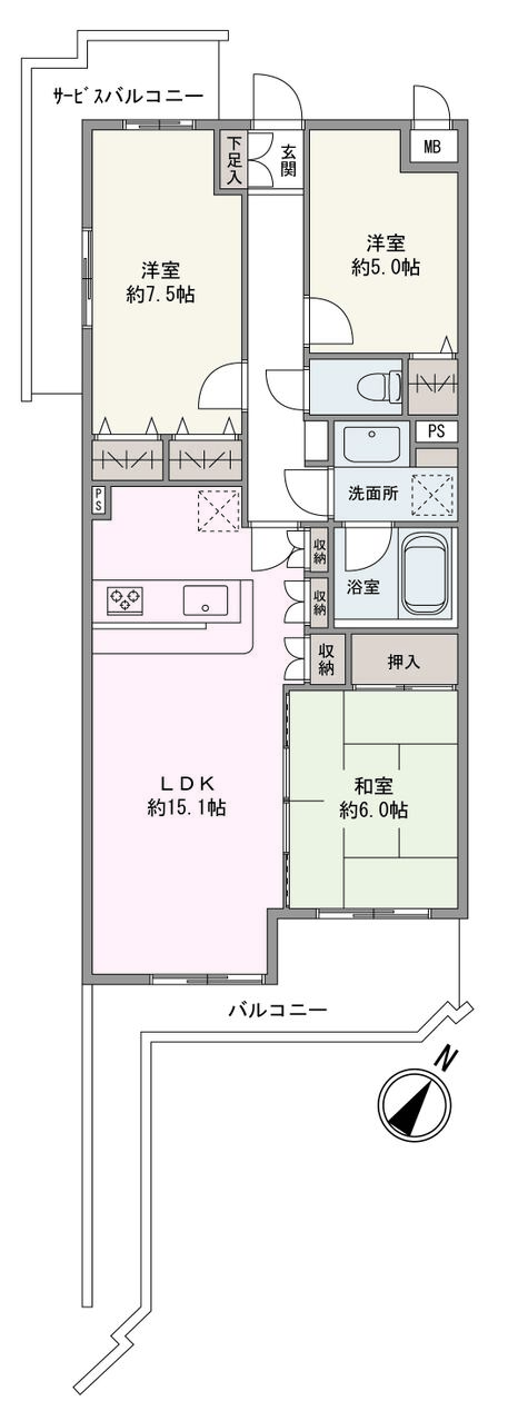 南東向きバルコニー付きの3LDKの住まい。リビング収納やクローゼットなど、各所に豊富な収納スペースが備えられています。