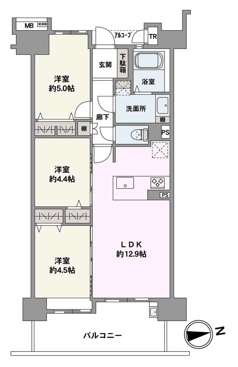 東向きの明るく爽やかな住空間。洋室2部屋がリビングに隣接しており、コミュニケーションが取りやすい間取り。開放感のあるバルコニーも魅力的です。