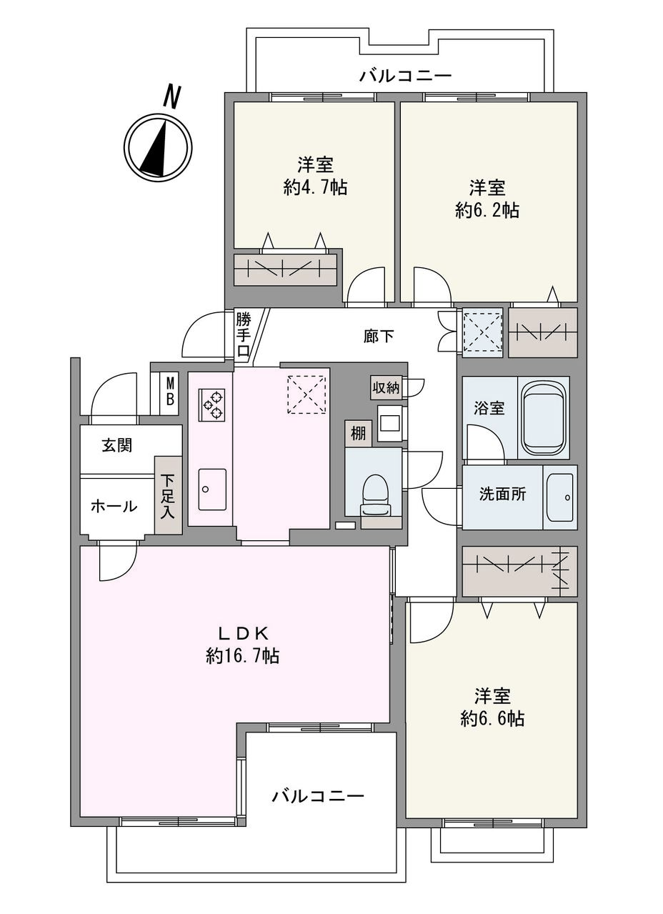 南・北側の2面バルコニーが備わった3LDK住戸です。LDKを通って各洋室に向かう設計のため、ご家族が顔を合わせる機会が増え、コミュニケーションをたっぷりとれます。
