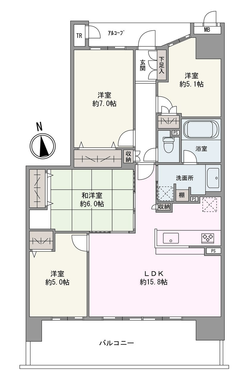 LDKは約15.8帖の広さ。リビングとダイニングをゾーニングしやすい設計です。全居室に収納が備わっているため、すっきりとした暮らしが実現します。