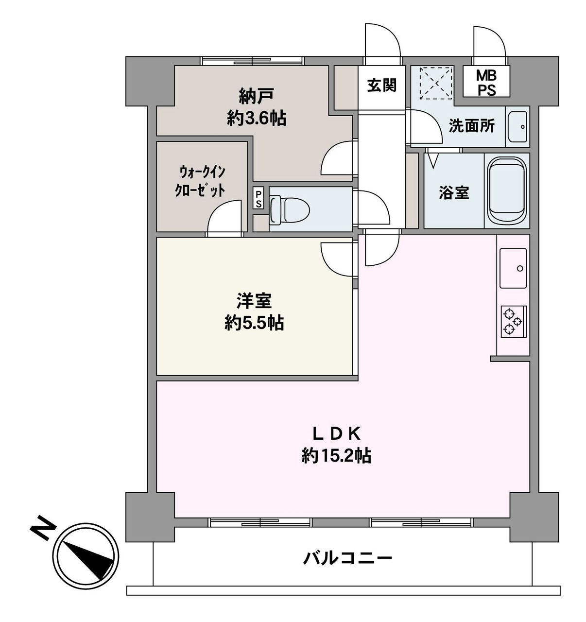 多用途に使える納戸が付いた住戸。WICも設けられているので、すっきりした暮らしを保てそうです。キッチンは、調理に集中できる壁付けタイプ。LD部分を広々使うことができます。