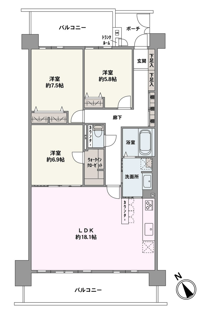 地下1階付き地上12階建の、4階部分に位置する3LDKの住まい。南西側・北東側にバルコニーが設けられています。WICをはじめ収納が豊富にあるので、居住スペースがすっきり片付きます。