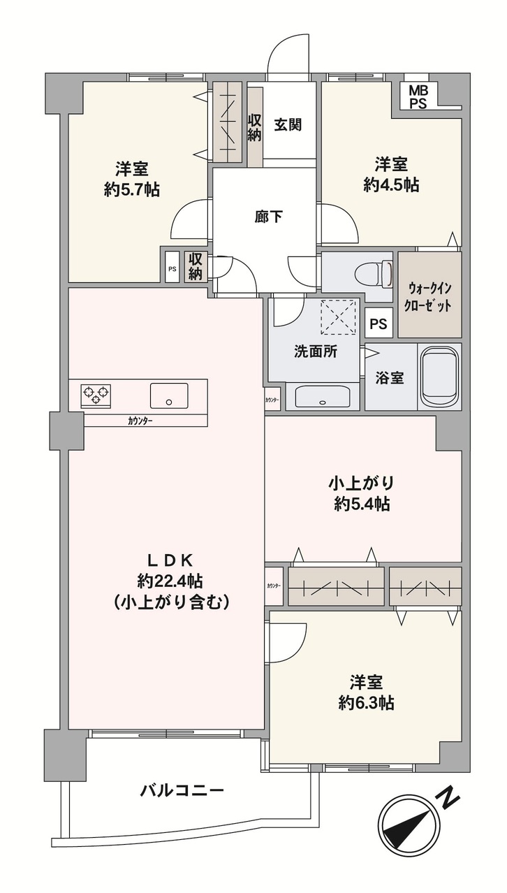 南東向き住戸です。暮らしの中心となるLDKは、22帖超の広々空間。WICなど室内随所に収納が備わっていて、居住空間を広く使えます。