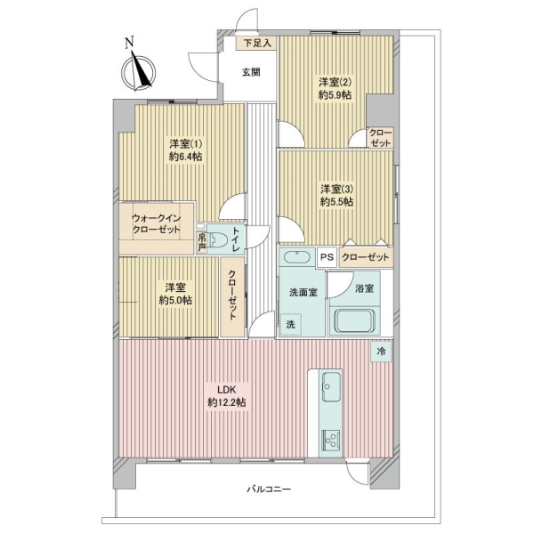角住戸で二面バルコニーのゆったりとした間取りです。