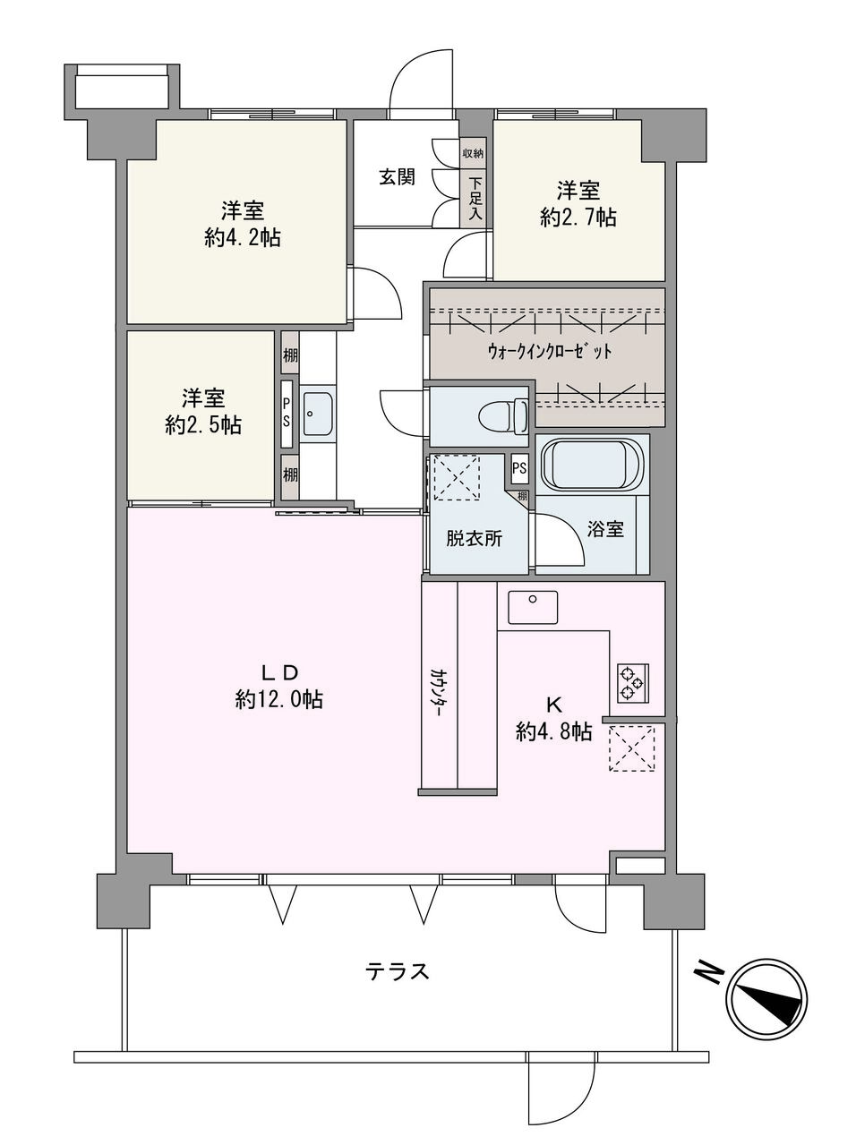 戸建感覚で暮らせる1階部分×広々とした専用テラスが魅力的な3LDK。南西向きの明るい住空間です。カウンター付きのキッチンやゆったり設計の洗面コーナー、WICなど、デザイン性・機能性を兼ねた住まいです。