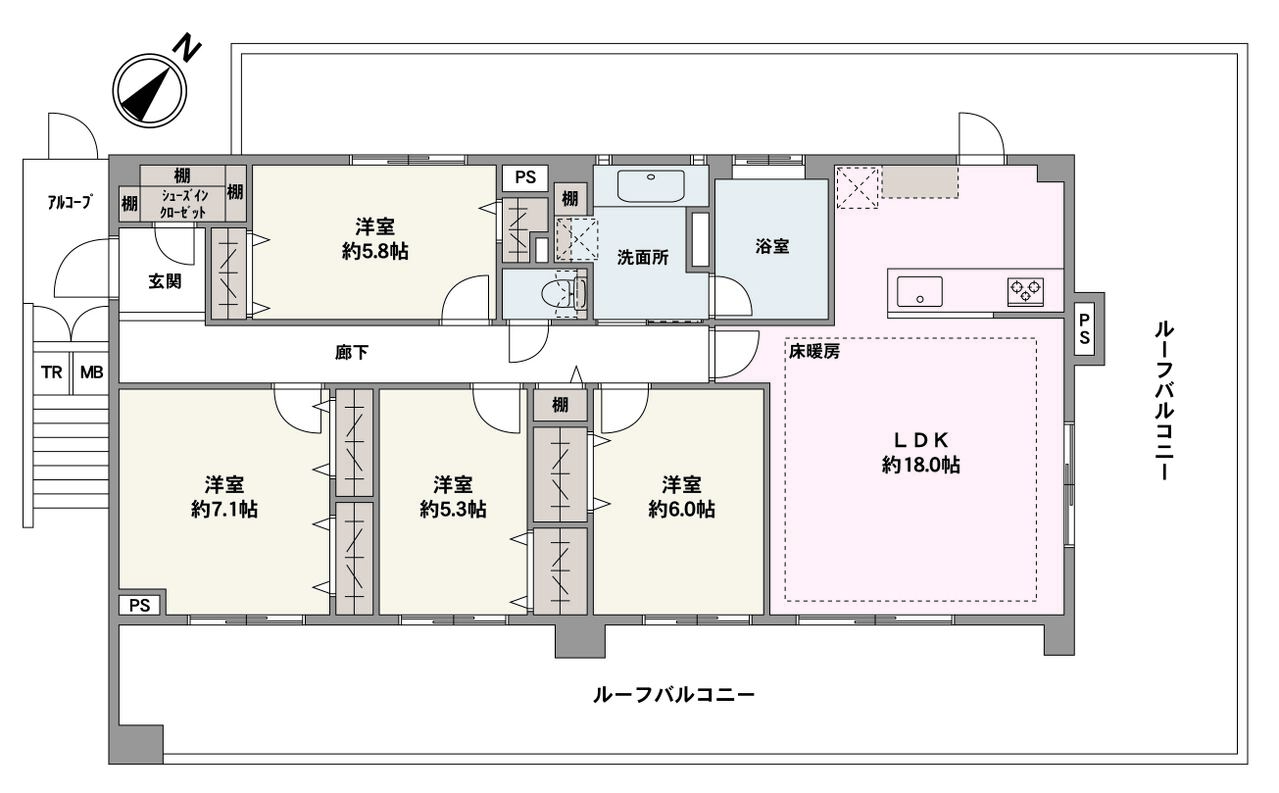 南東向きの角部屋。全居室バルコニーに面した4LDK住戸です。専有面積100㎡以上。SICや廊下収納、全洋室収納が設置され、収納を活用して室内を更に広く使えます。