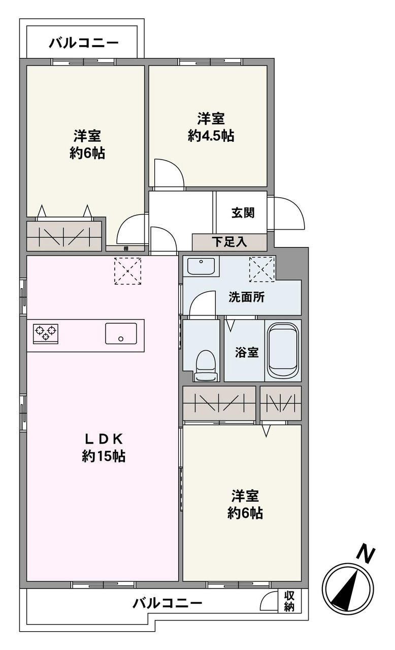 陽当り・通風・眺望良好な、3階部分の南東向き角住戸です。水回りが近く家事もスムーズに行えます。LDKと隣接する洋室約6帖の引き戸をあけて、広々とした空間としても活用できます。