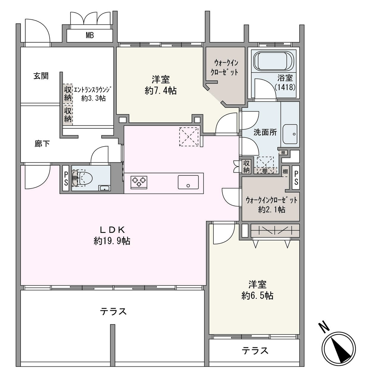 南西向き住戸です。暮らしの中心となるLDKは、19帖超の広々空間。WICやエントランスラウンジなど、室内随所に収納が備わっていて、居住空間を広く使えます。