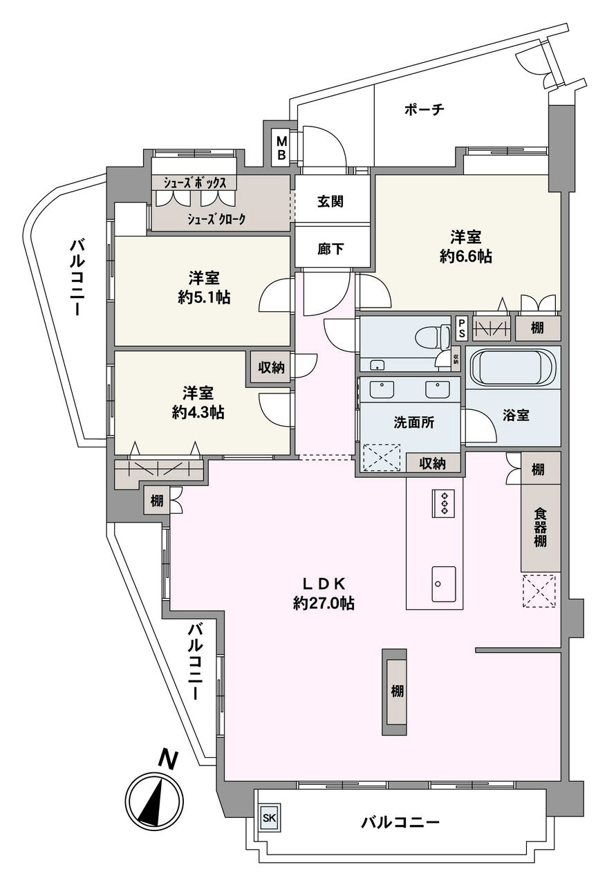 南東向き角住戸です。暮らしの中心となるLDKは、27帖超の広々空間。SCなど室内随所に収納が備わっていて、居住空間を広く使えます。
