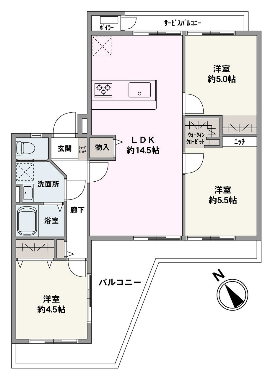 居住スペースをすっきりと保つことができる、全居室収納付きの3LDKです。ワイドバルコニー＆角部屋の開放感あふれる住まい。