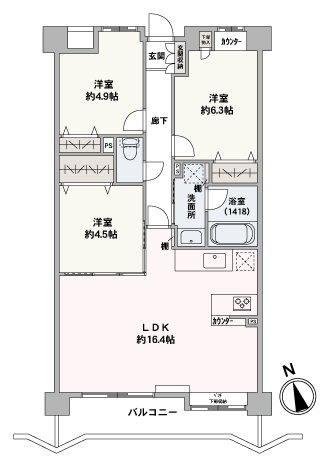 南向きバルコニーに面した2つの窓から陽光が差し込む、明るいLDKが魅力です。LDKに隣接する洋室の引き戸を開放すると、約20.9帖の広々とした空間としてLDKと一体利用が可能です。