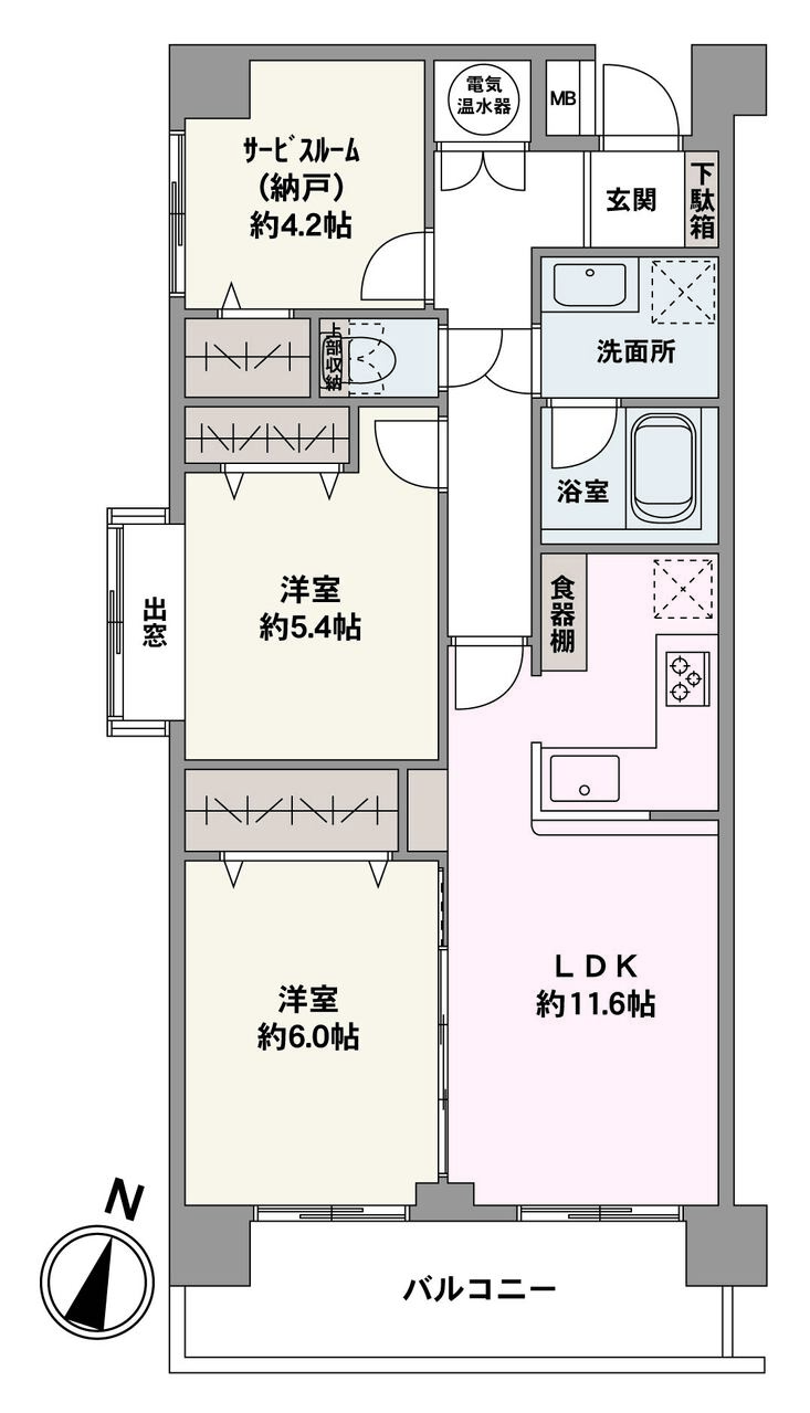 LDK・約6.0帖の洋室が南東向きバルコニーに面している間取りです。約11.6帖のLDKは、隣接する洋室の扉を開放すると、より広々とした空間に。家計にも優しいオール電化のマンションです。