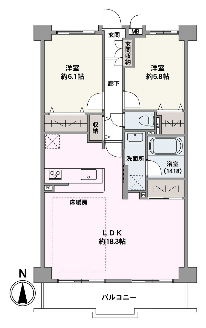 全居室と廊下に収納が備わっています。居住空間を広く使うことが可能です。調理や片付けをしながら、ご家族とコミュニケーションがとれる対面式キッチンが採用されています。