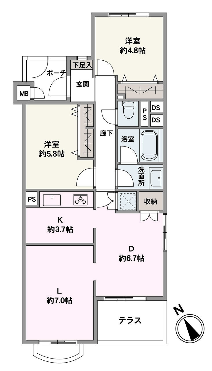 南西向き×最上階角住戸につき、陽当たり・通風・眺望良好。ダイニングは2面採光で、南西側に陽光注ぐテラス付き。2024年12月に内装リフォームが実施されています。