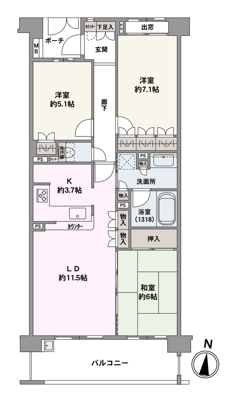 陽当たり良好な南向きバルコニーが設けられた3LDK。和室はLDとの一体利用が可能で、ライフスタイルに合わせて多目的に活用可能。全居室に収納が備わっており、居住スペースをすっきりと保つことができます。