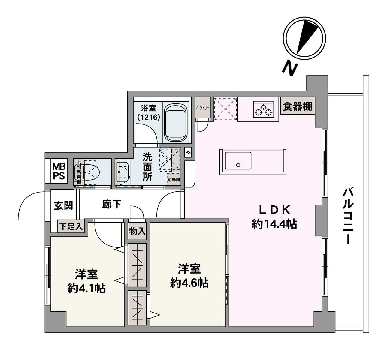 南西向き住戸です。暮らしの中心となるLDKは、14帖超の広々空間。室内随所に収納が備わっていて、居住空間を広く使えます。