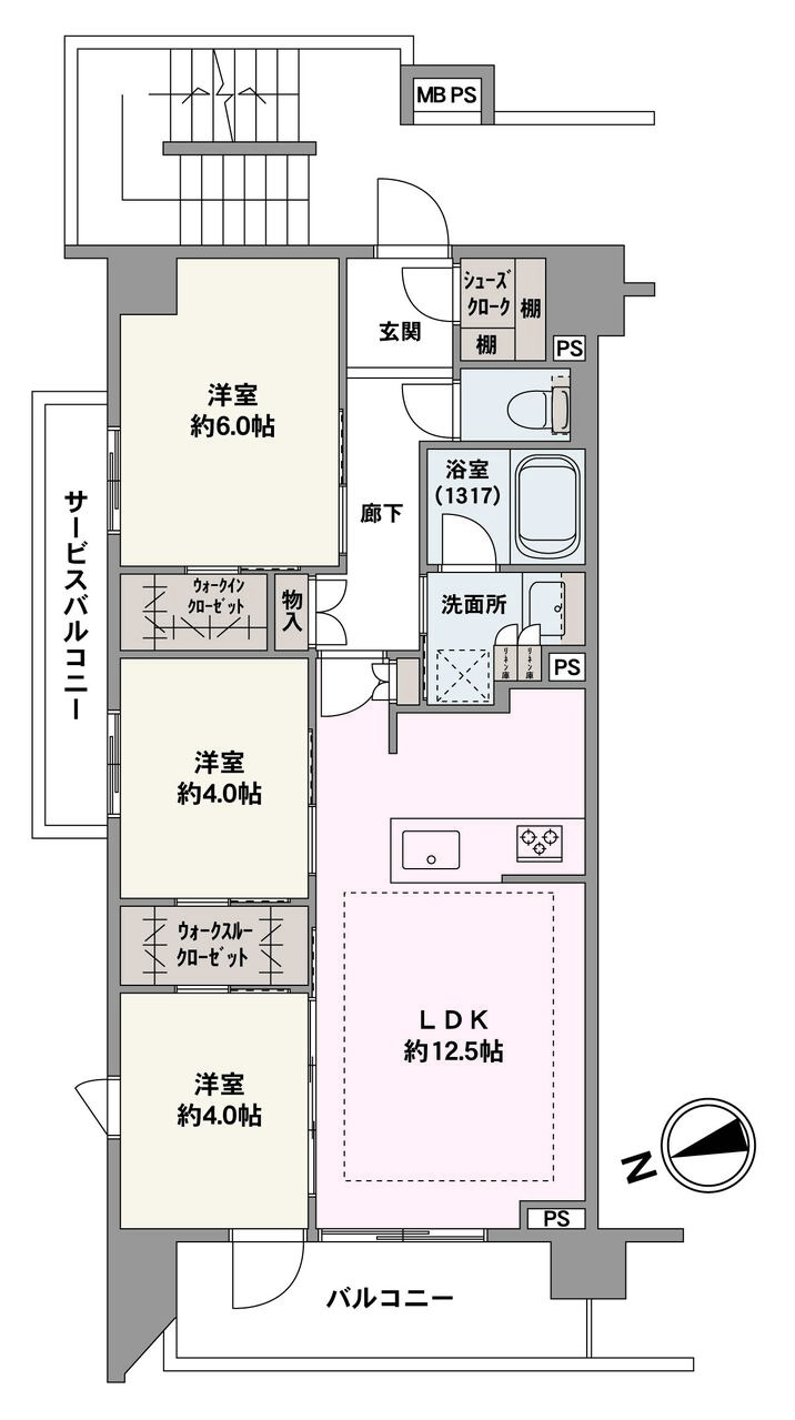 西向きのバルコニーが備わった3LDK。プライバシーを確保しやすい角住戸です。ウォークインクローゼットやシューズクロークなど、豊富な収納があり住空間を広々と使えます。