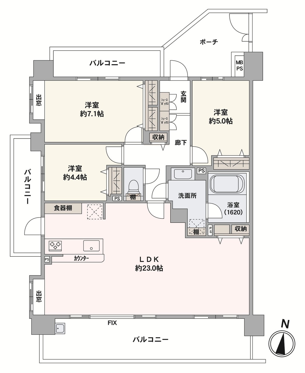 南向きにつき陽当り良好な住まい。LDKは約23帖の広々空間。全居室に収納が備わり、居住空間を広く確保できます。