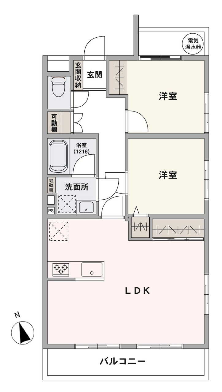 南西向きのバルコニーが備わった2LDK住戸。全居室に収納があり、空間を広く使うことができます。
