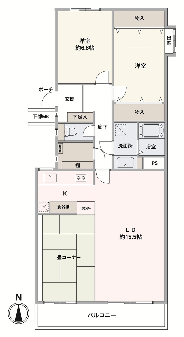 南向きバルコニーに面したゆとりある約15.5帖のリビングが魅力です。一角には畳スペースがあり、由比ガ浜を眺めながら足を伸ばして寛ぐことができます。