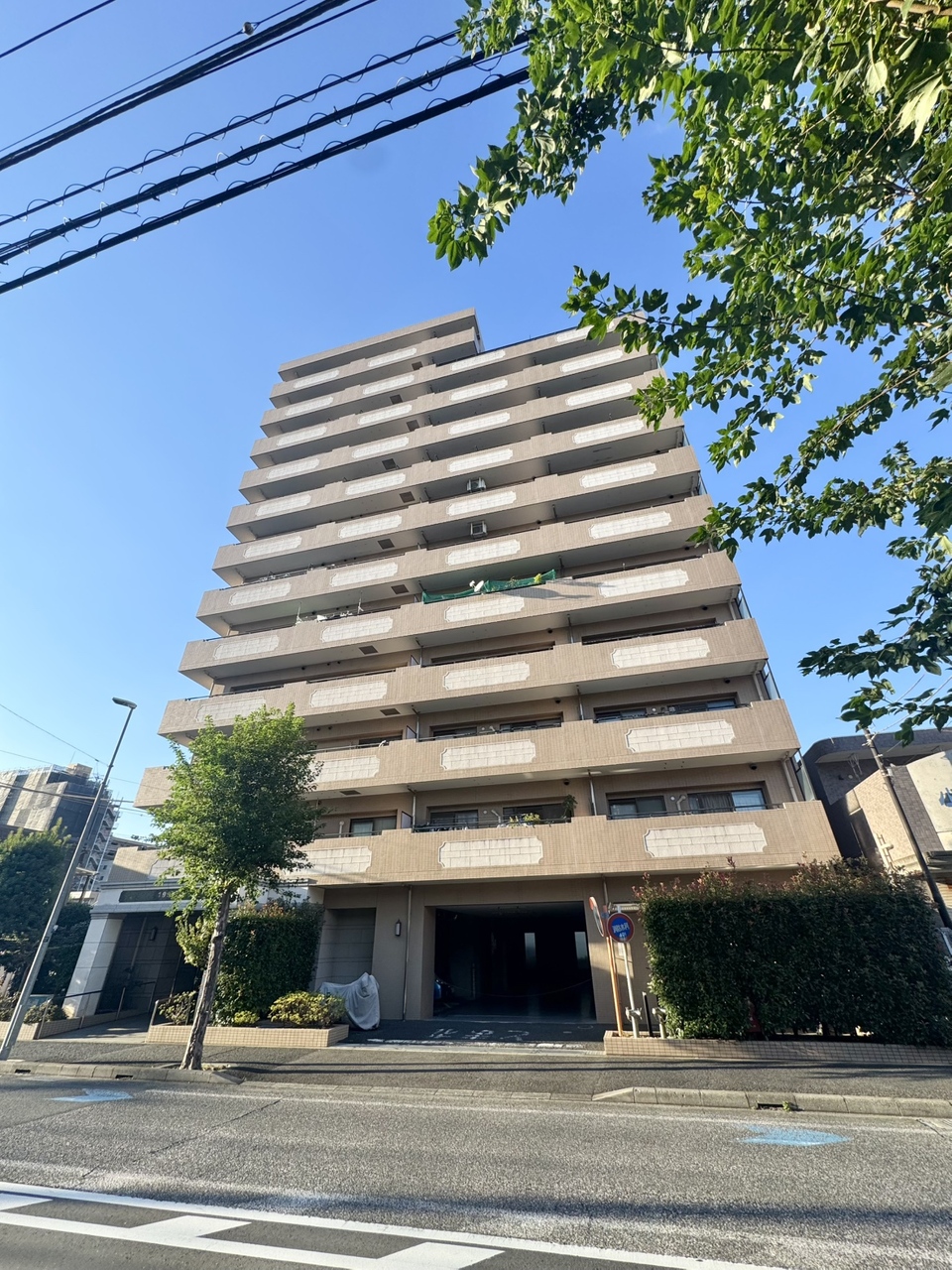 【エクセルシオール湘南平塚】地上12階建てマンションの10階部分。JR東海道線「平塚」駅まで徒歩8分の立地です。周囲に買い物施設が点在しています。