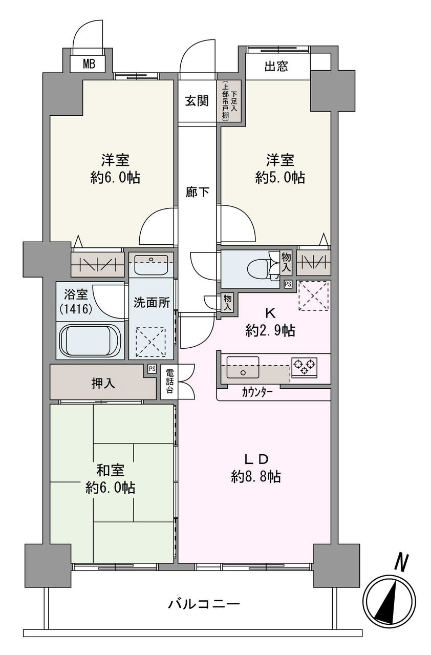 南東向きのバルコニーが備わった3LDK住戸。約6.0帖の和室は引き戸を介してLDに隣接しています。全居室に収納があり、空間を広く使うことができます。
