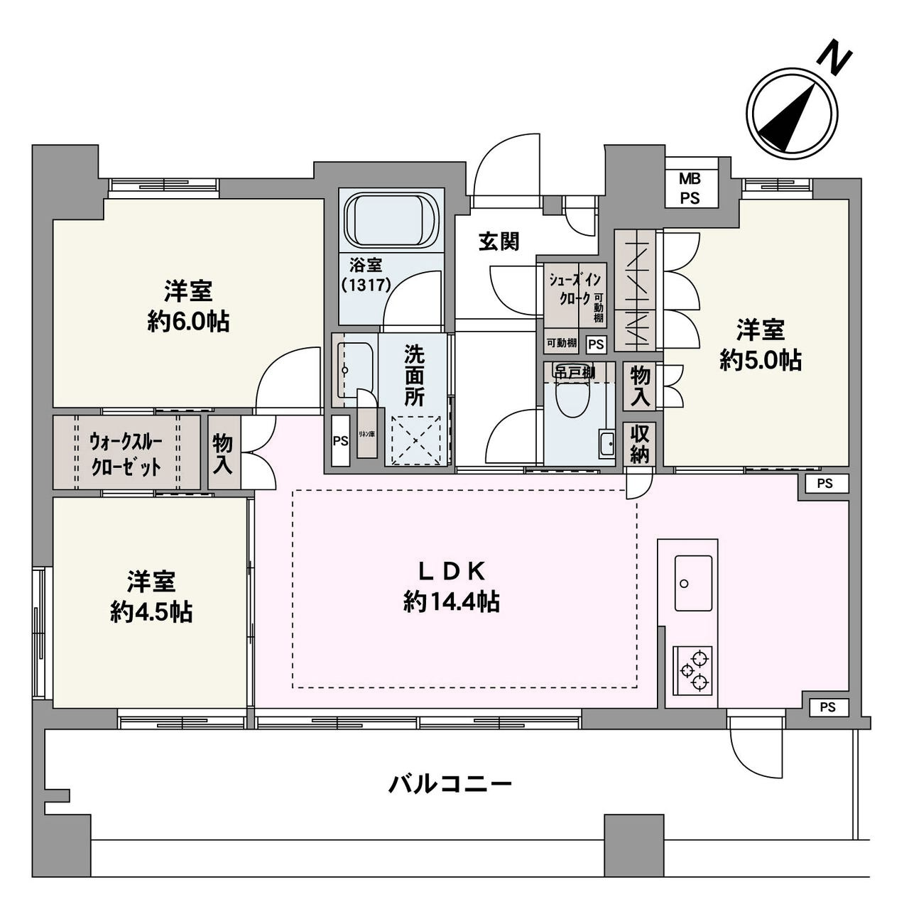 陽当たり＆通風良好な南東向きの角住戸です。ウォークスルークローゼットやシューズインクロークなど、豊富な収納で住空間を有効活用できます。