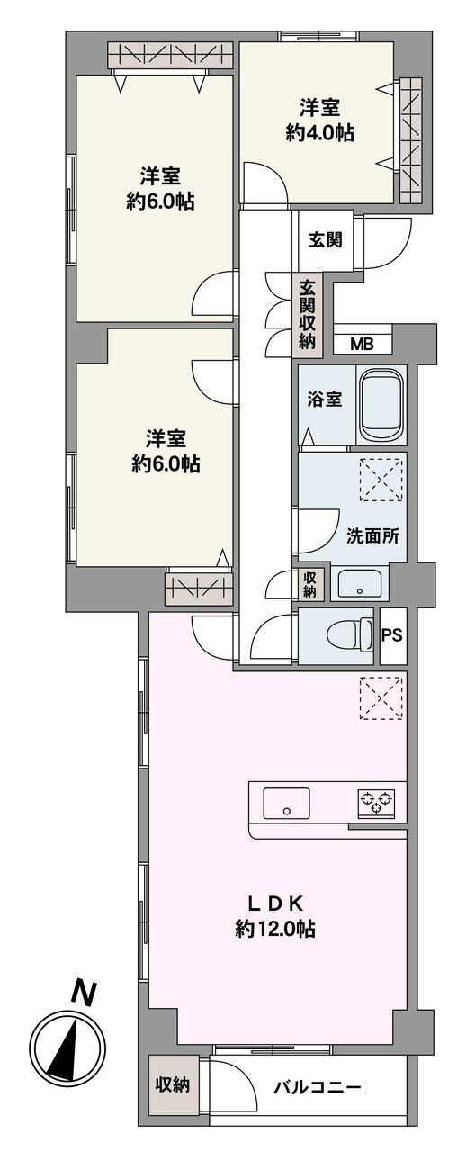 LDKは、広さ約12.0帖＋2面採光。キッチンは、調理中もご家族との会話が弾む対面仕様。各洋室にはクローゼットが設置されており、住空間を有効活用できます。