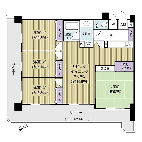 専有面積88.19㎡の4LDK、2面バルコニー付きの角部屋住戸