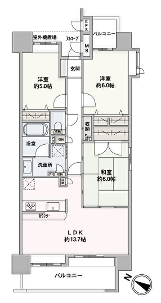 収納豊富な3LDKの間取り。2面バルコニー付きで、明るく風通しのよい室内。玄関アルコープ付きです。